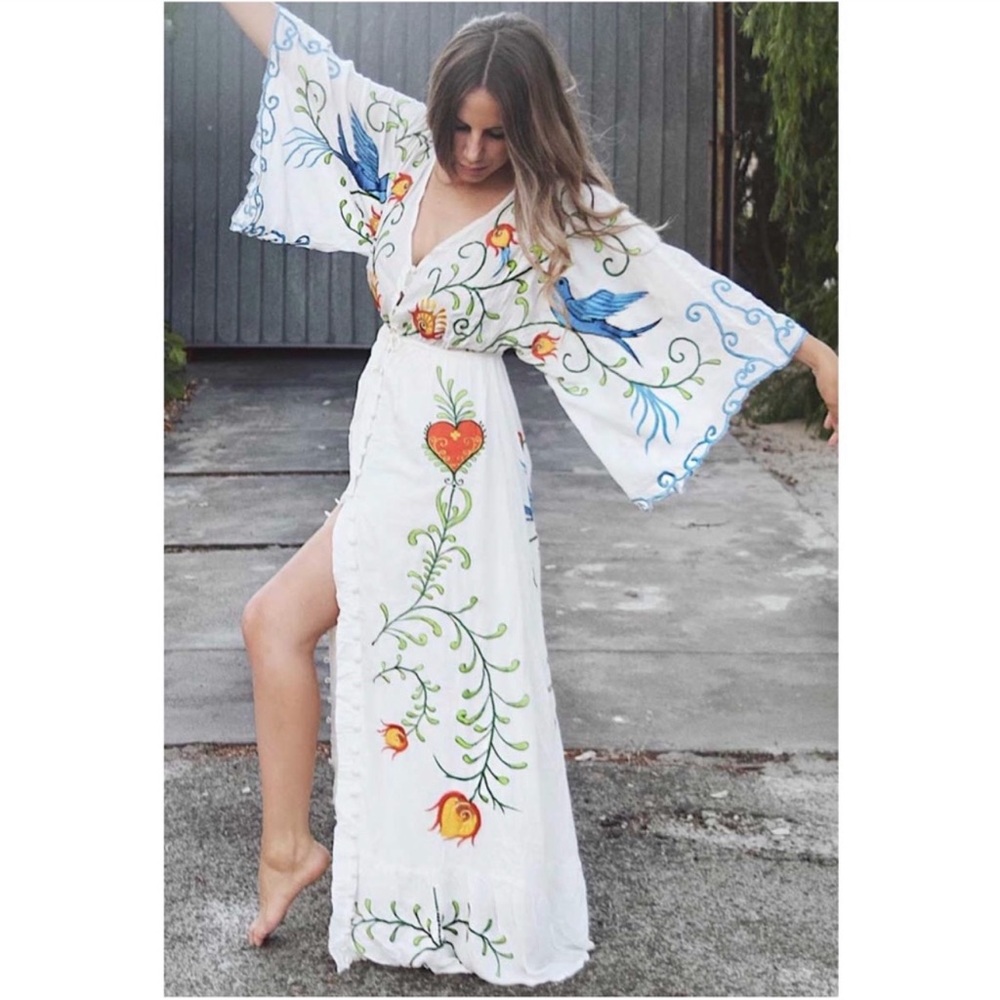New Boho Chic long maxi kimono dress embroidered hearts flying birds wedding